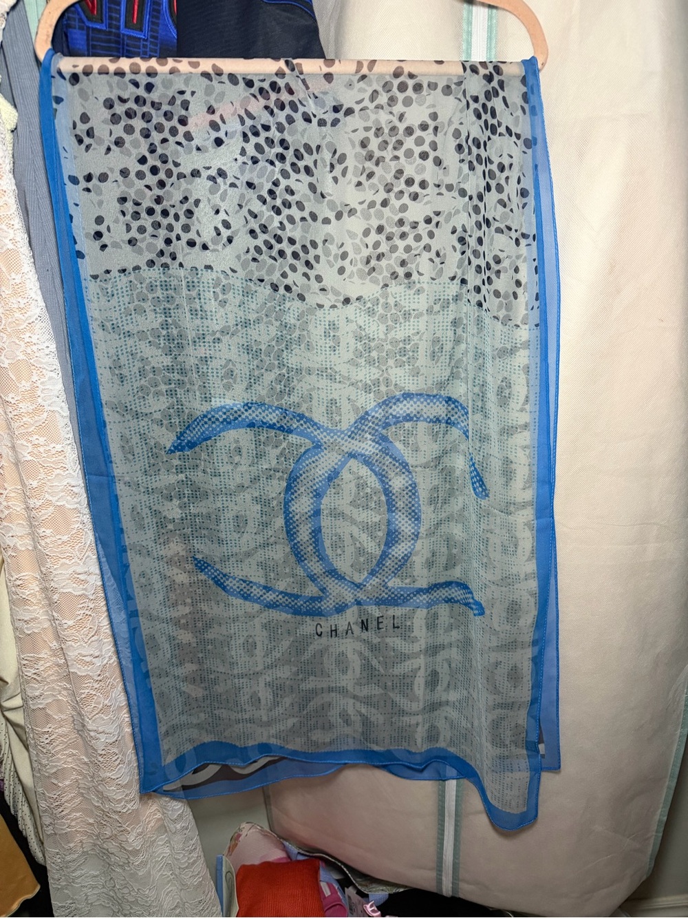 CHANEL Blue Sheer Logo Scarf with Navy Dot Pattern